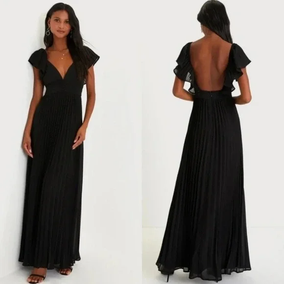 Lulu's Black Pleated Flutter Sleeve Backless Maxi Dress Wedding Party Guest NWT - Picture 1 of 14